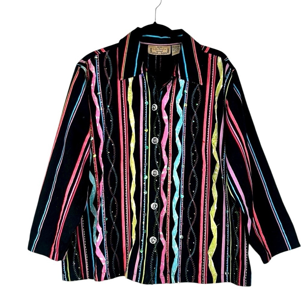 Life Style Woman Black Multi-Colored Striped Artsy‎ Art to Wear Top Size 1X
